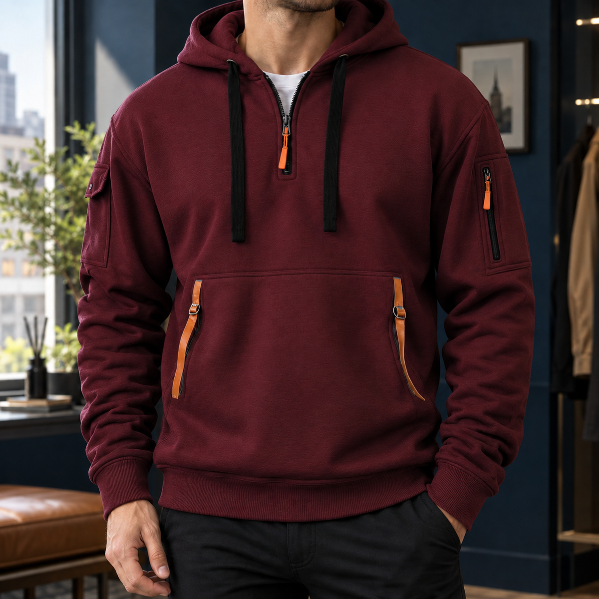 Men's Utility Half-Zip Hoodie with Pocket Detailing