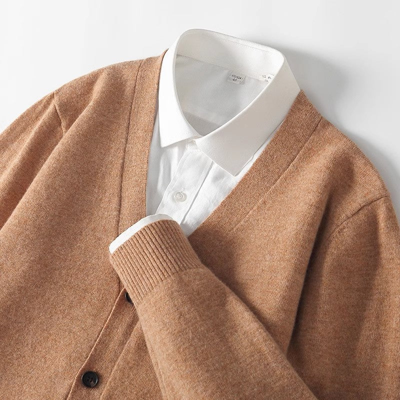 Men's heathered knit V-neck button cardigan with long sleeves