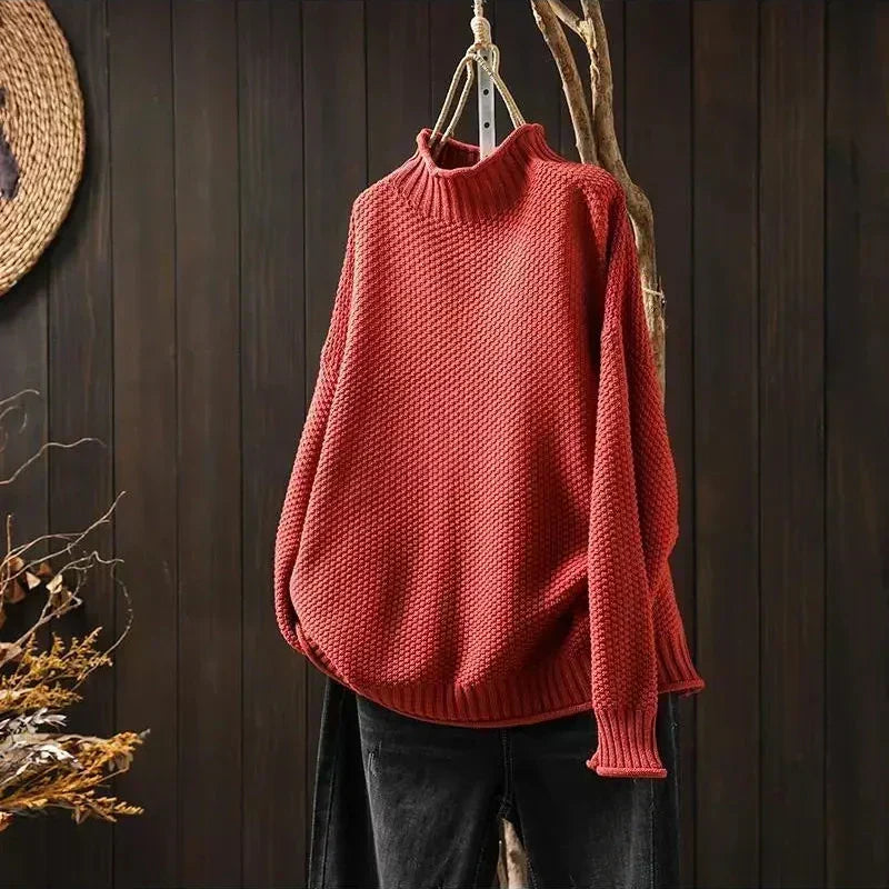 Women's oversized textured knit jumper with mock neck and long sleeves