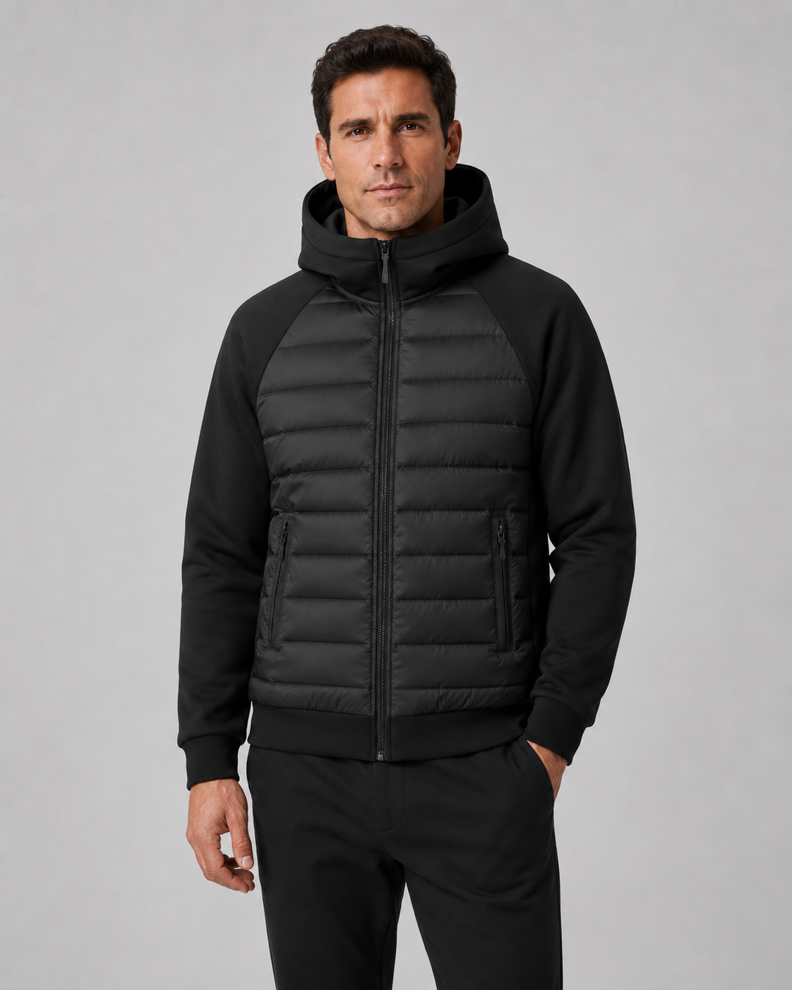 Men's quilted hooded zip jacket with long sleeves and front zip pockets