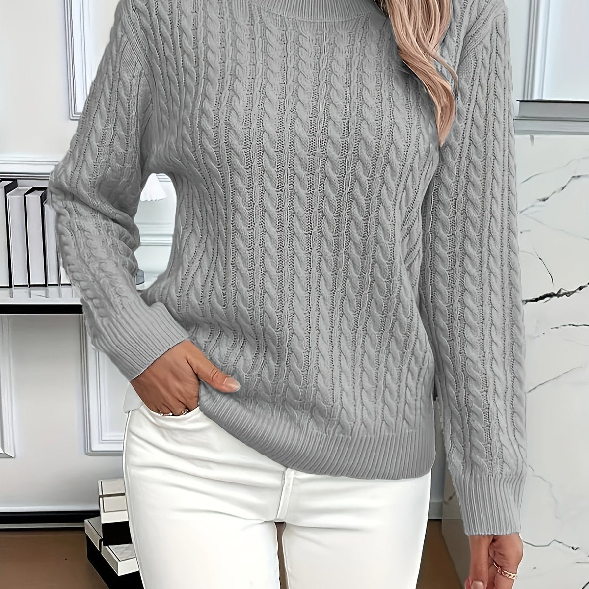 Women's Classic Cable Knit Mock Neck Jumper