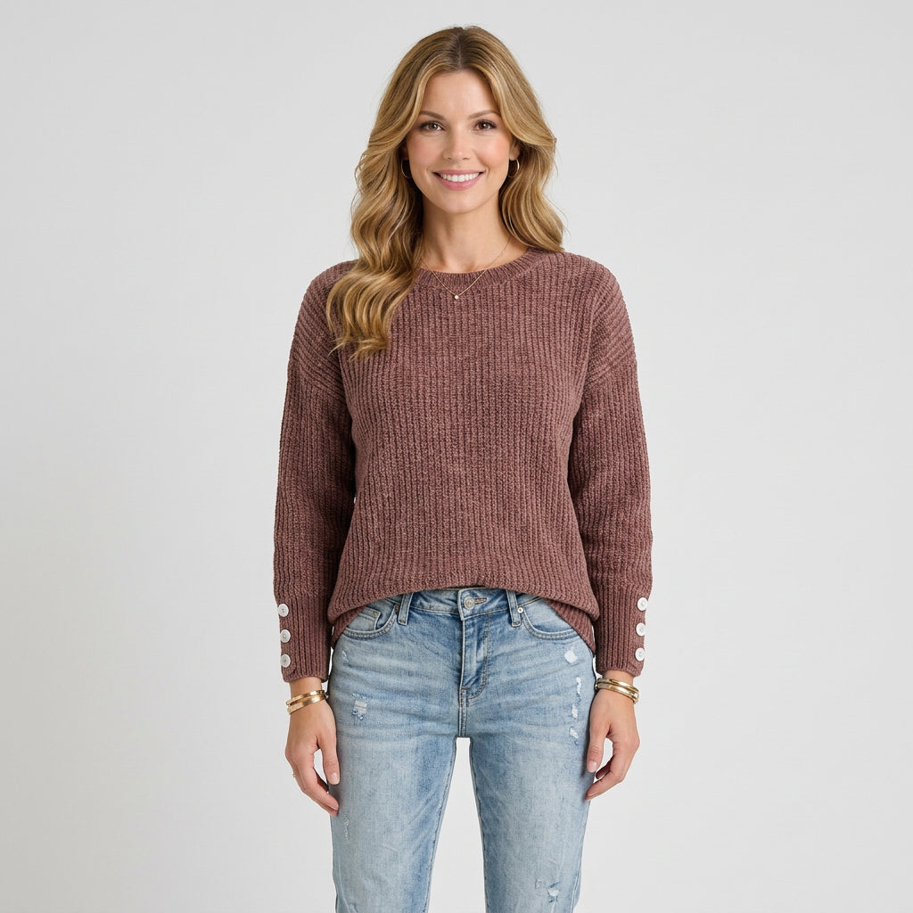 Women’s Ribbed Knit Sweater – Crew Neck Button Cuff Pullover