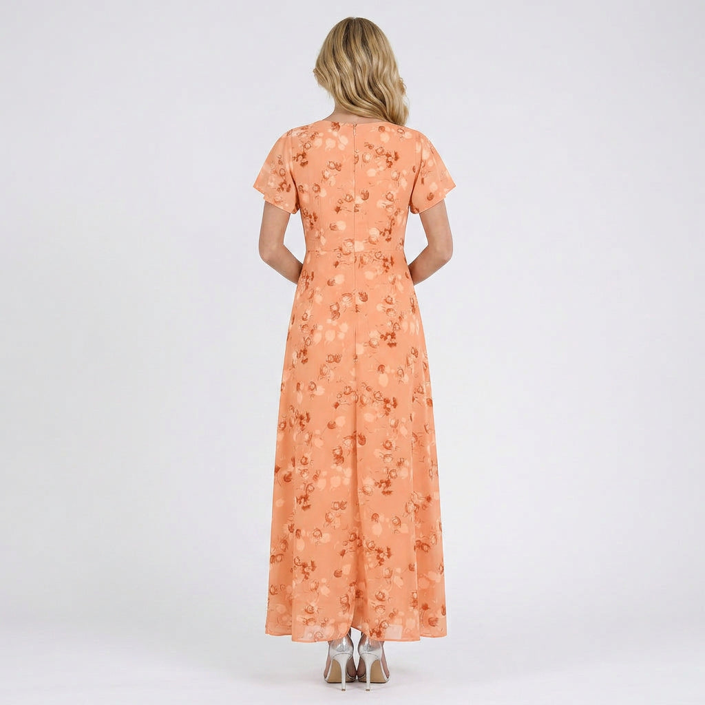 Women’s Floral Maxi Dress – V Neck Flutter Sleeve Long Dress