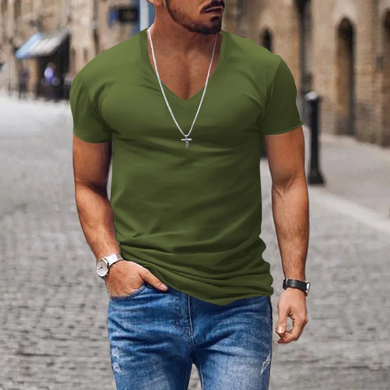 Men's slim fit solid V-neck short sleeve T-shirt