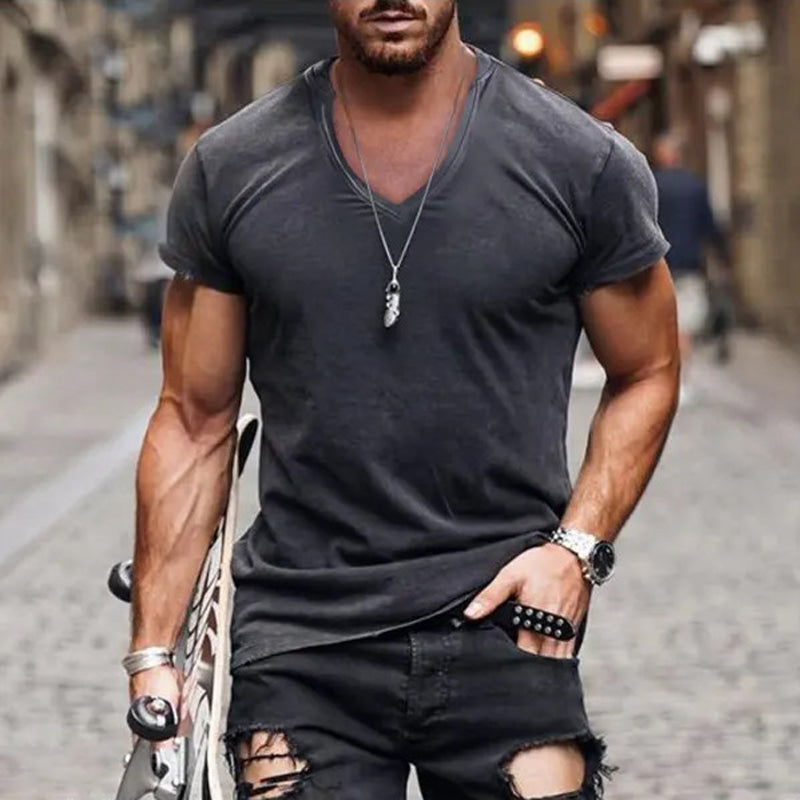 Men's slim fit solid V-neck short sleeve T-shirt