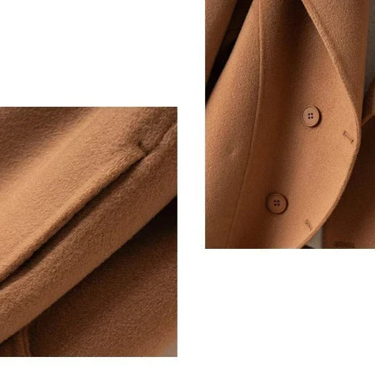 Women's short double-breasted coat with notch lapels, long sleeves and buttoned cuff tabs
