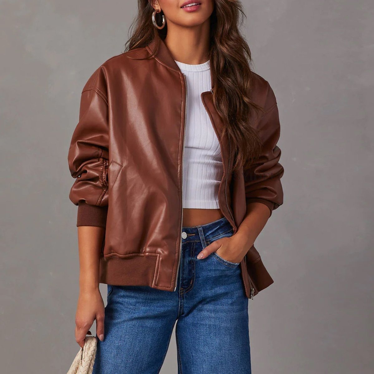 Veste bomber décontractée pour femme en similicuir végétalien
