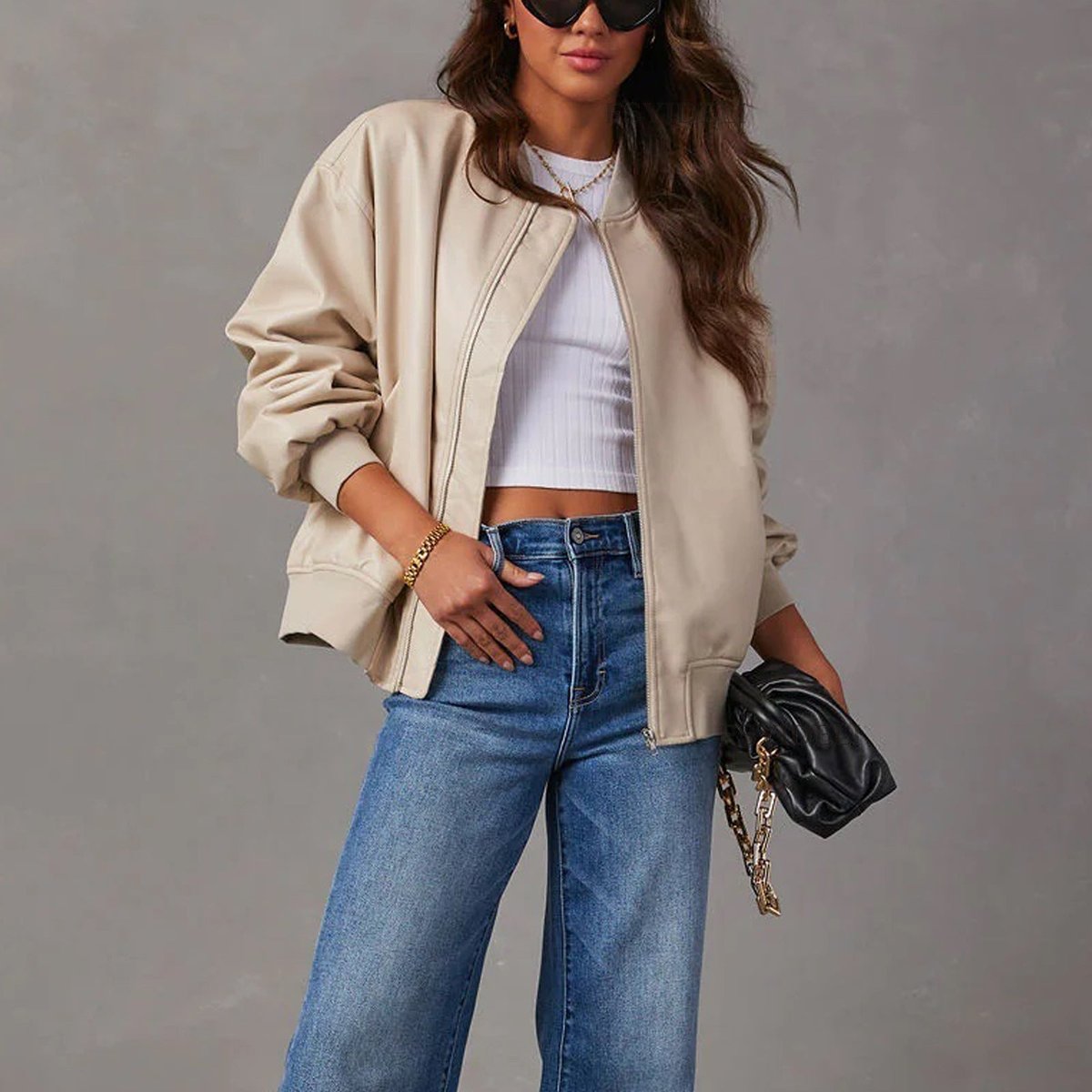 Veste bomber décontractée pour femme en similicuir végétalien