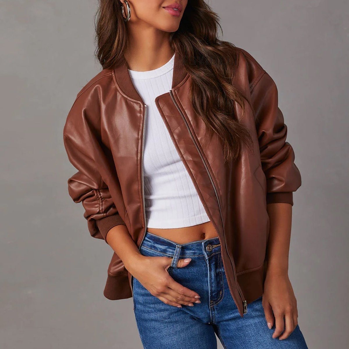 Veste bomber décontractée pour femme en similicuir végétalien