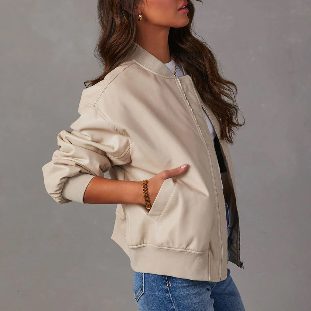 Veste bomber décontractée pour femme en similicuir végétalien