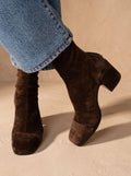 Women's dark brown square toe ankle boots with side zipper and block heel