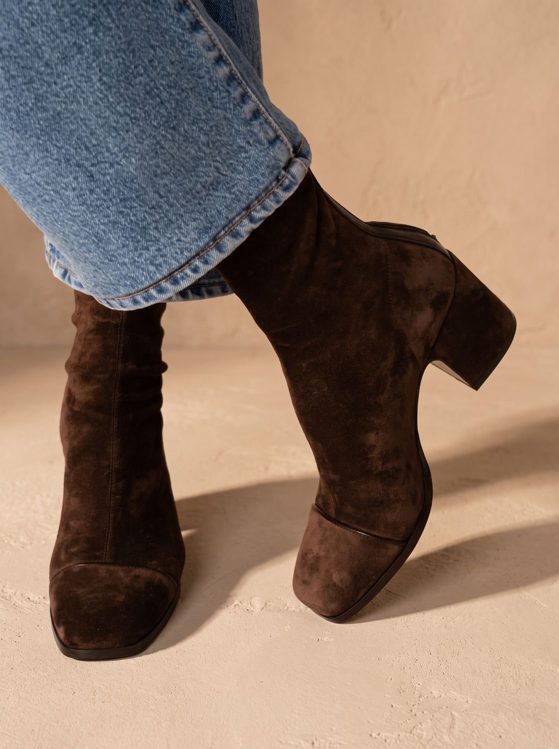 Women's dark brown square toe ankle boots with side zipper and block heel