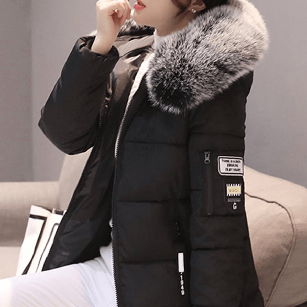 Manteau matelassé imperméable coupe-vent pour femme, à capuche bordée de fausse fourrure