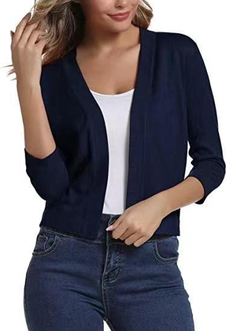 Women's cropped open-front cardigan with V-neckline and three-quarter sleeves