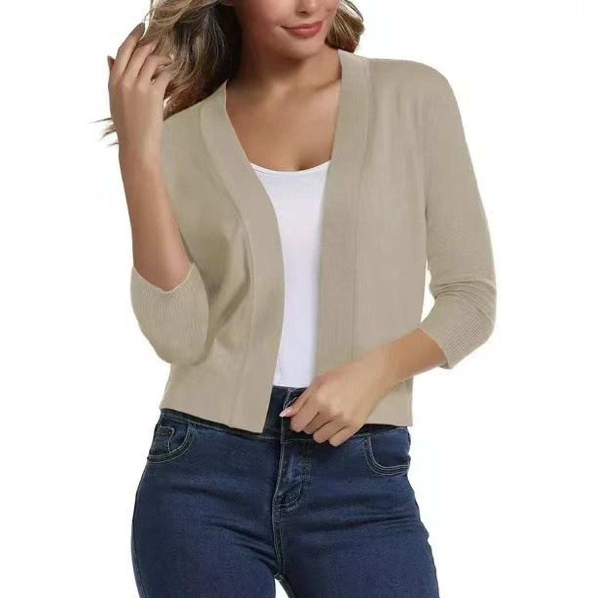 Women's cropped open-front cardigan with V-neckline and three-quarter sleeves
