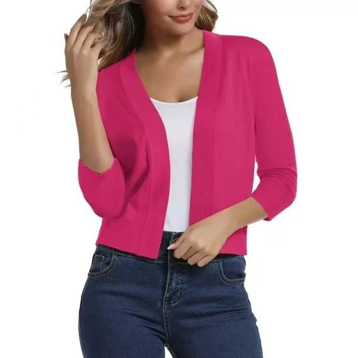 Women's cropped open-front cardigan with V-neckline and three-quarter sleeves