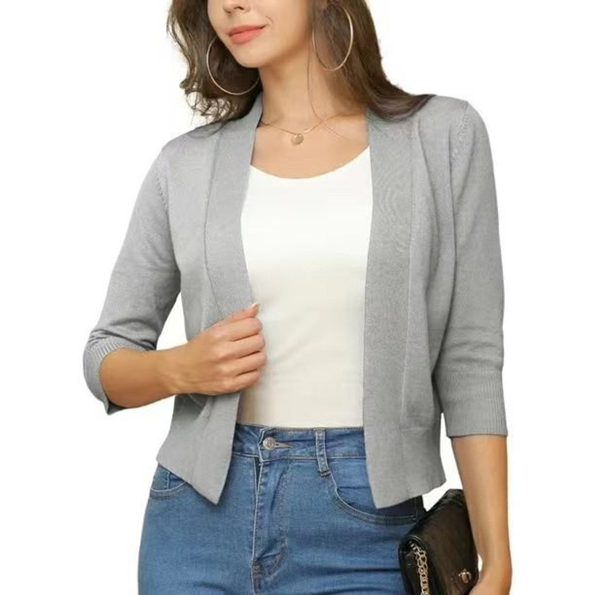 Women's cropped open-front cardigan with V-neckline and three-quarter sleeves
