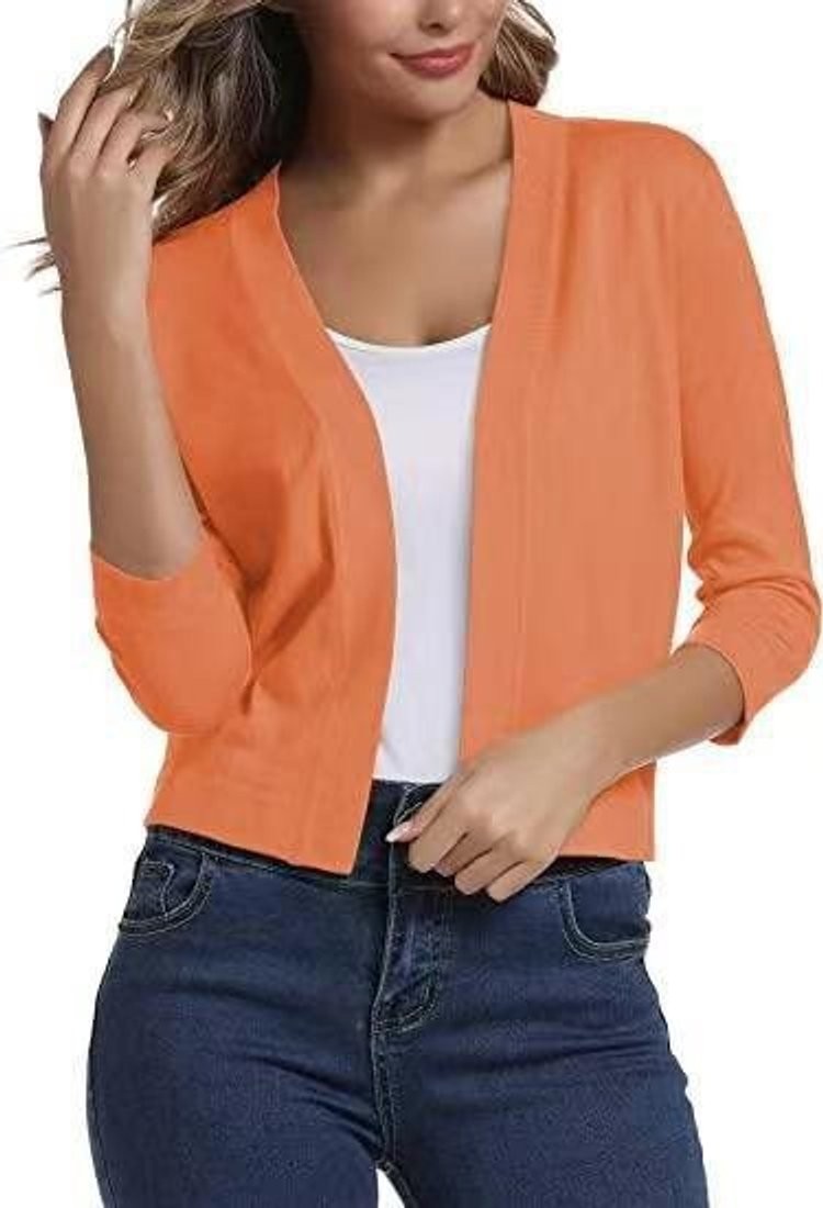 Women's cropped open-front cardigan with V-neckline and three-quarter sleeves