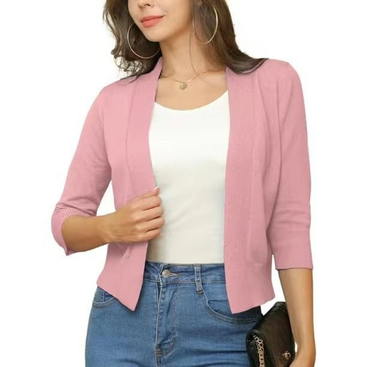 Women's cropped open-front cardigan with V-neckline and three-quarter sleeves