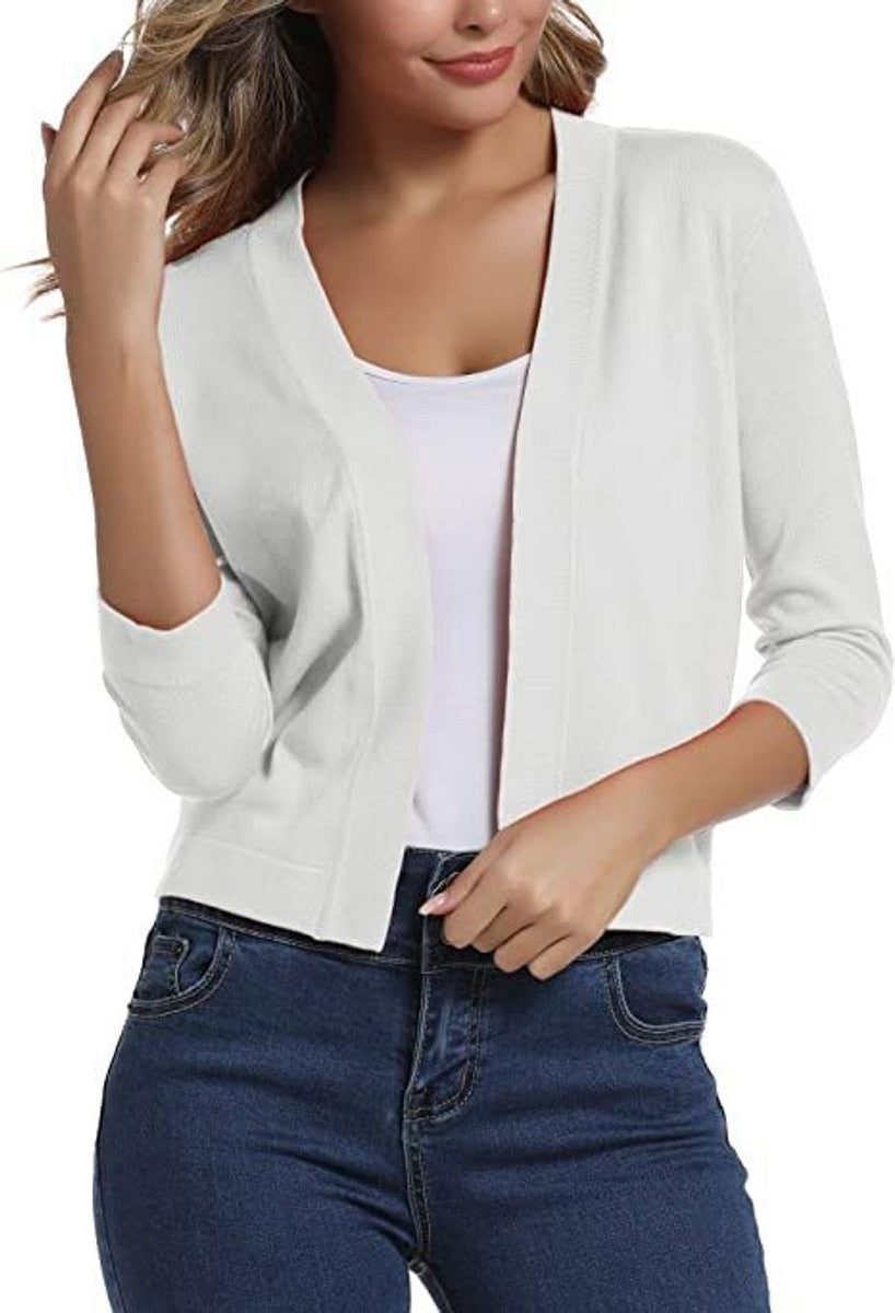 Women's cropped open-front cardigan with V-neckline and three-quarter sleeves