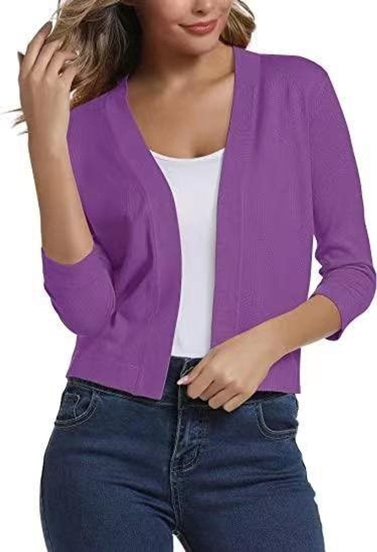 Women's cropped open-front cardigan with V-neckline and three-quarter sleeves