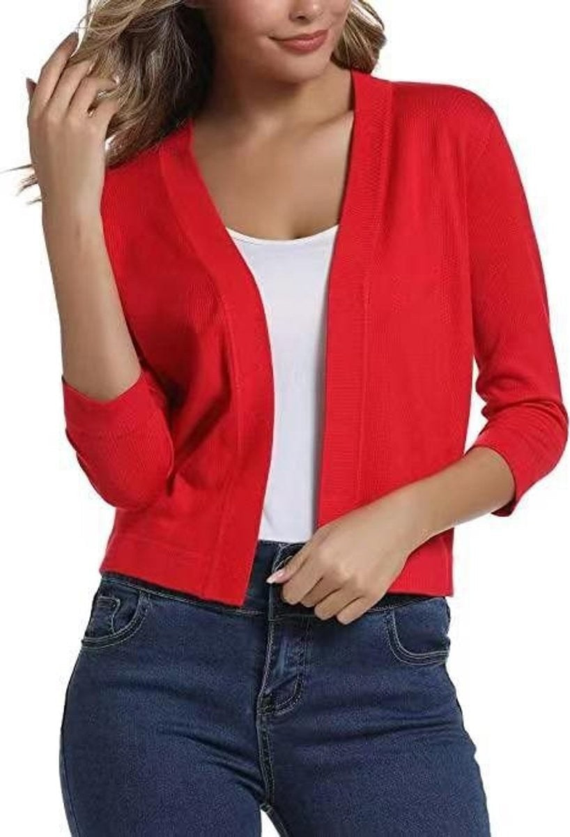 Women's cropped open-front cardigan with V-neckline and three-quarter sleeves