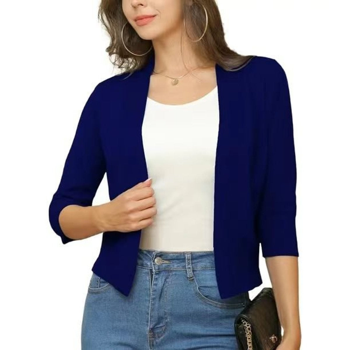 Women's cropped open-front cardigan with V-neckline and three-quarter sleeves
