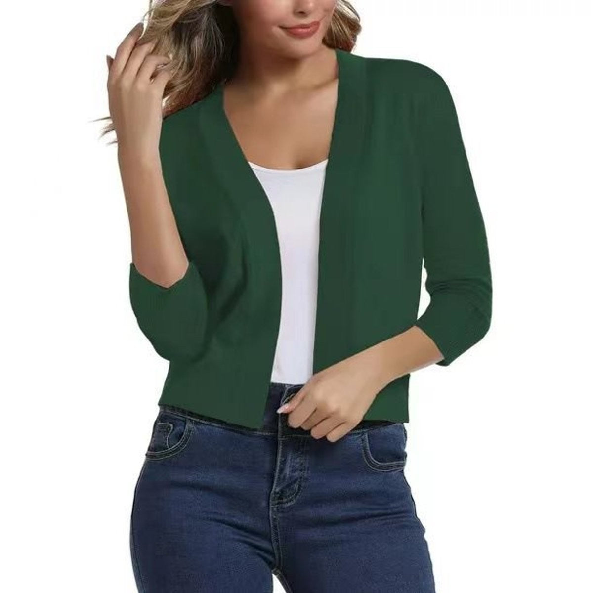 Women's cropped open-front cardigan with V-neckline and three-quarter sleeves