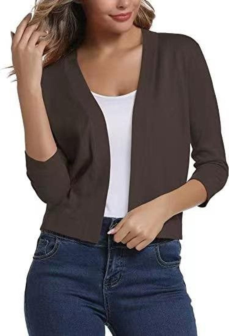 Women's cropped open-front cardigan with V-neckline and three-quarter sleeves