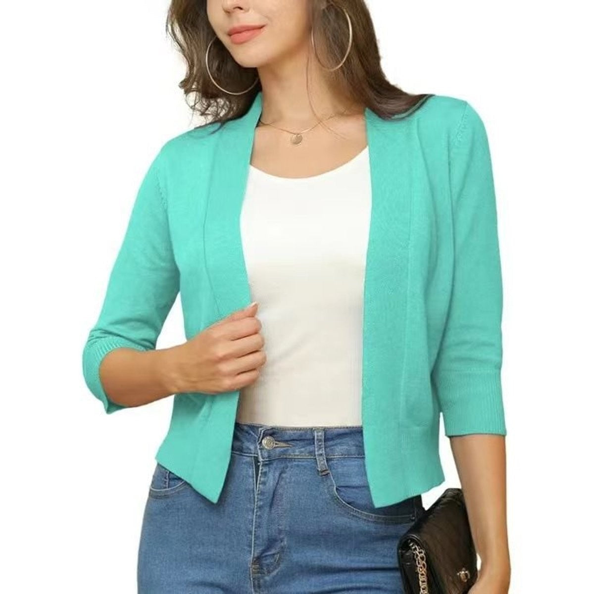 Women's cropped open-front cardigan with V-neckline and three-quarter sleeves