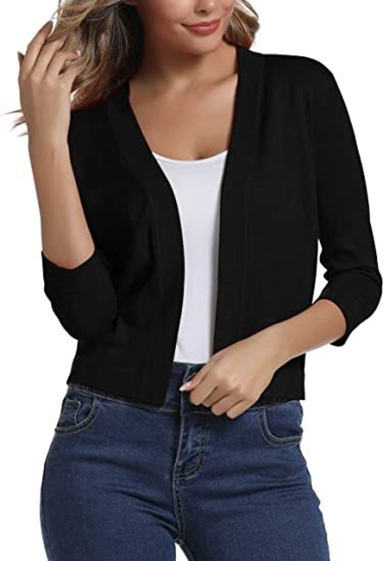 Women's cropped open-front cardigan with V-neckline and three-quarter sleeves