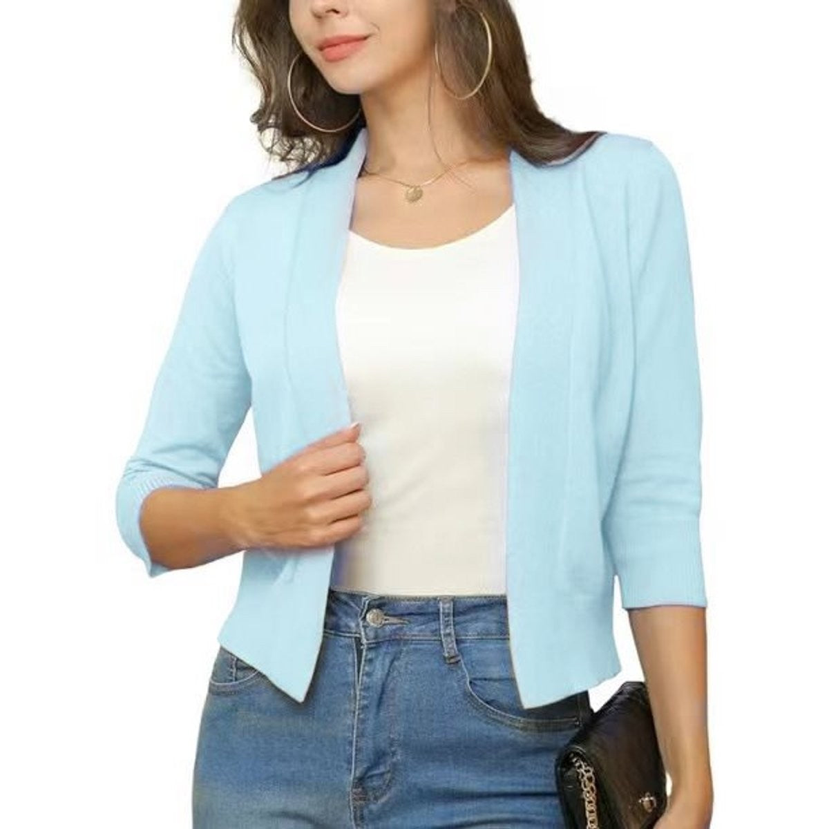 Women's cropped open-front cardigan with V-neckline and three-quarter sleeves