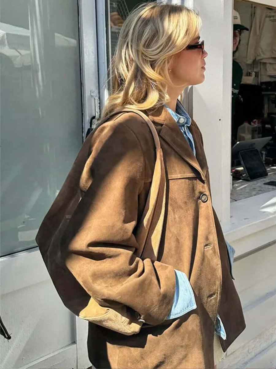 Blazer long en daim oversize pour femme