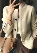 Women's ribbed knit cardigan with stand collar and button front