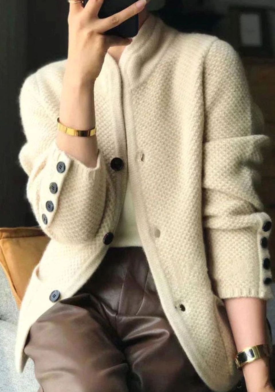 Women's ribbed knit cardigan with stand collar and button front