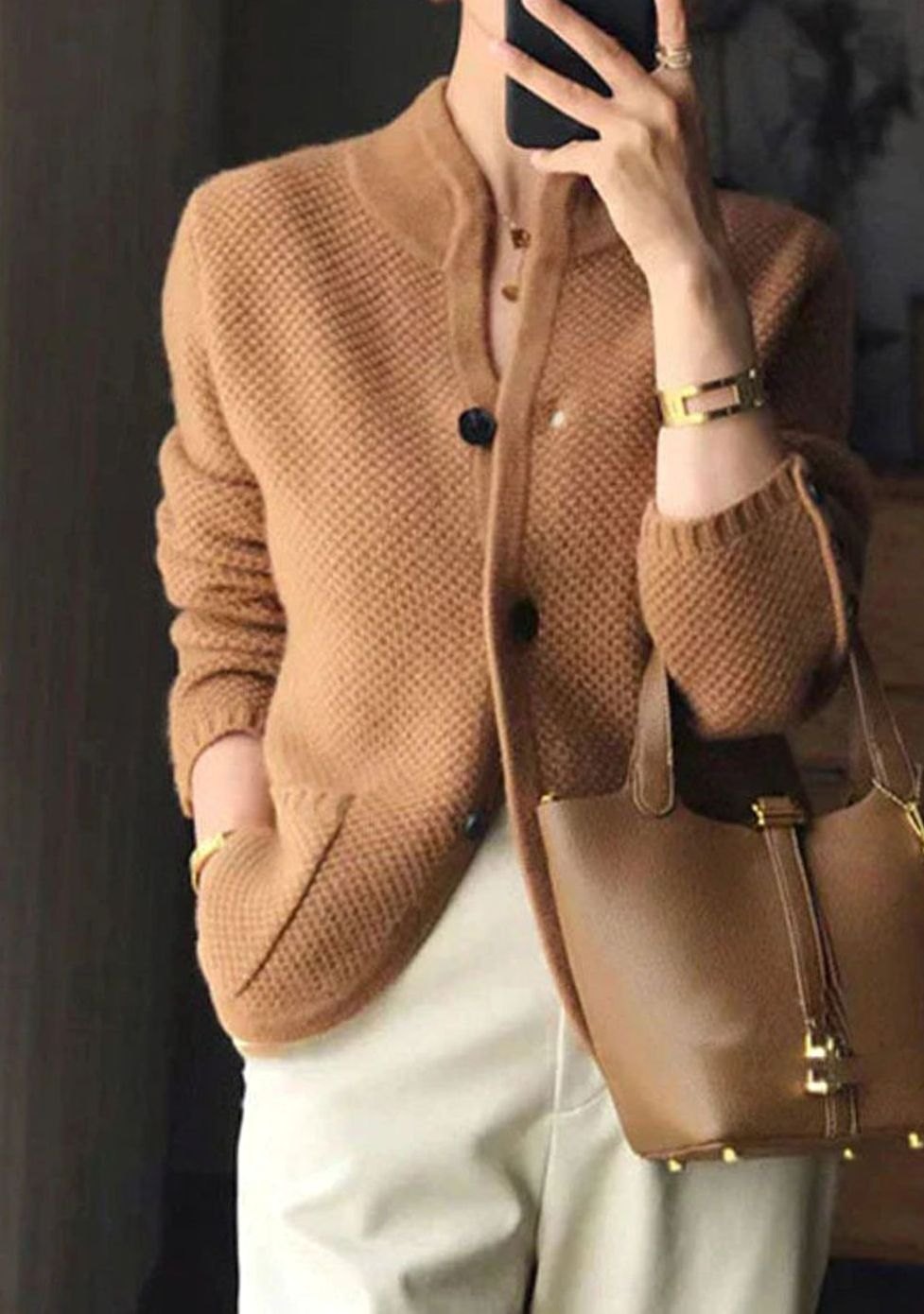 Women's ribbed knit cardigan with stand collar and button front