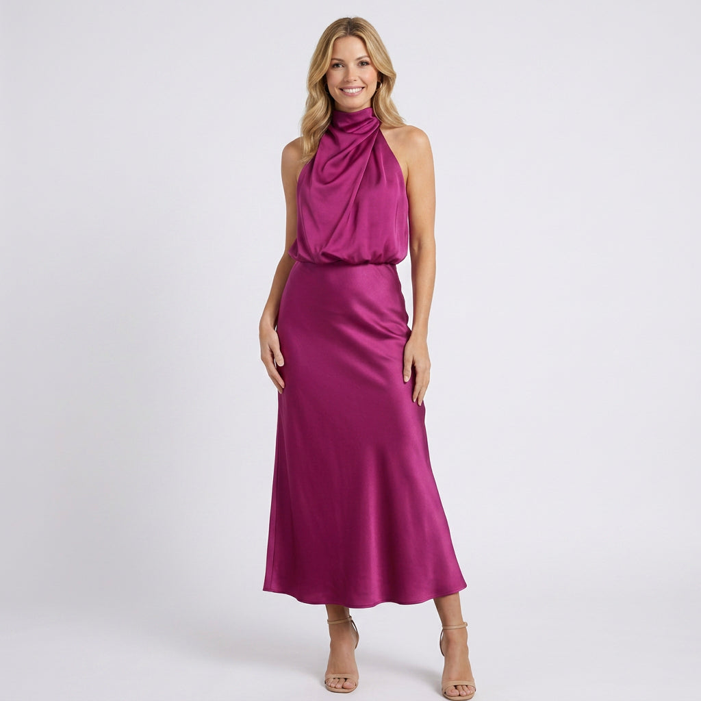 Halter Neck Midi Dress – Draped Satin Occasion Style