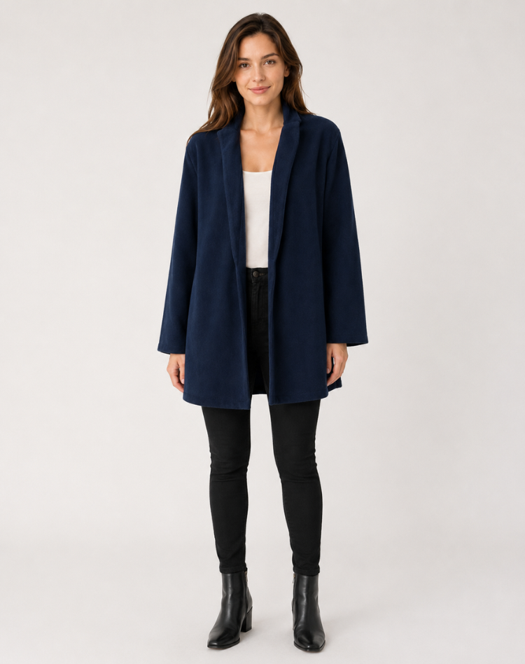 Women's open front swing coat with lapel collar and long sleeves