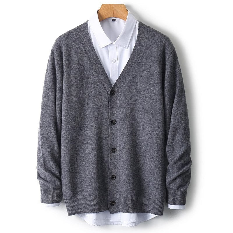 Men's heathered knit V-neck button cardigan with long sleeves