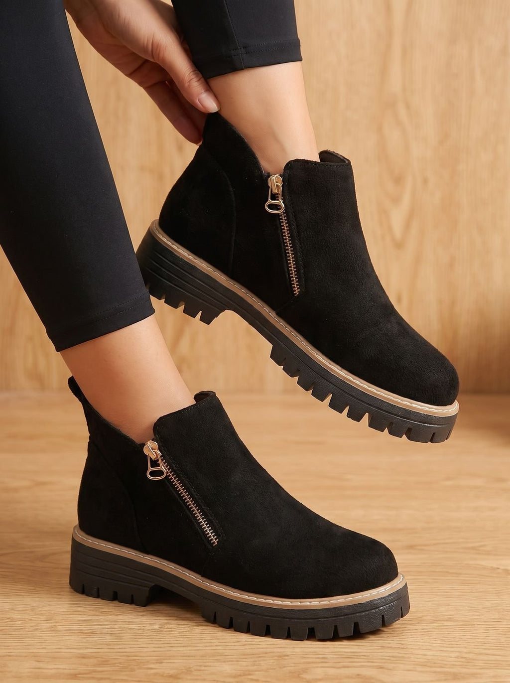 Women’s Suede-Look Side Zip Lug Sole Ankle Boots