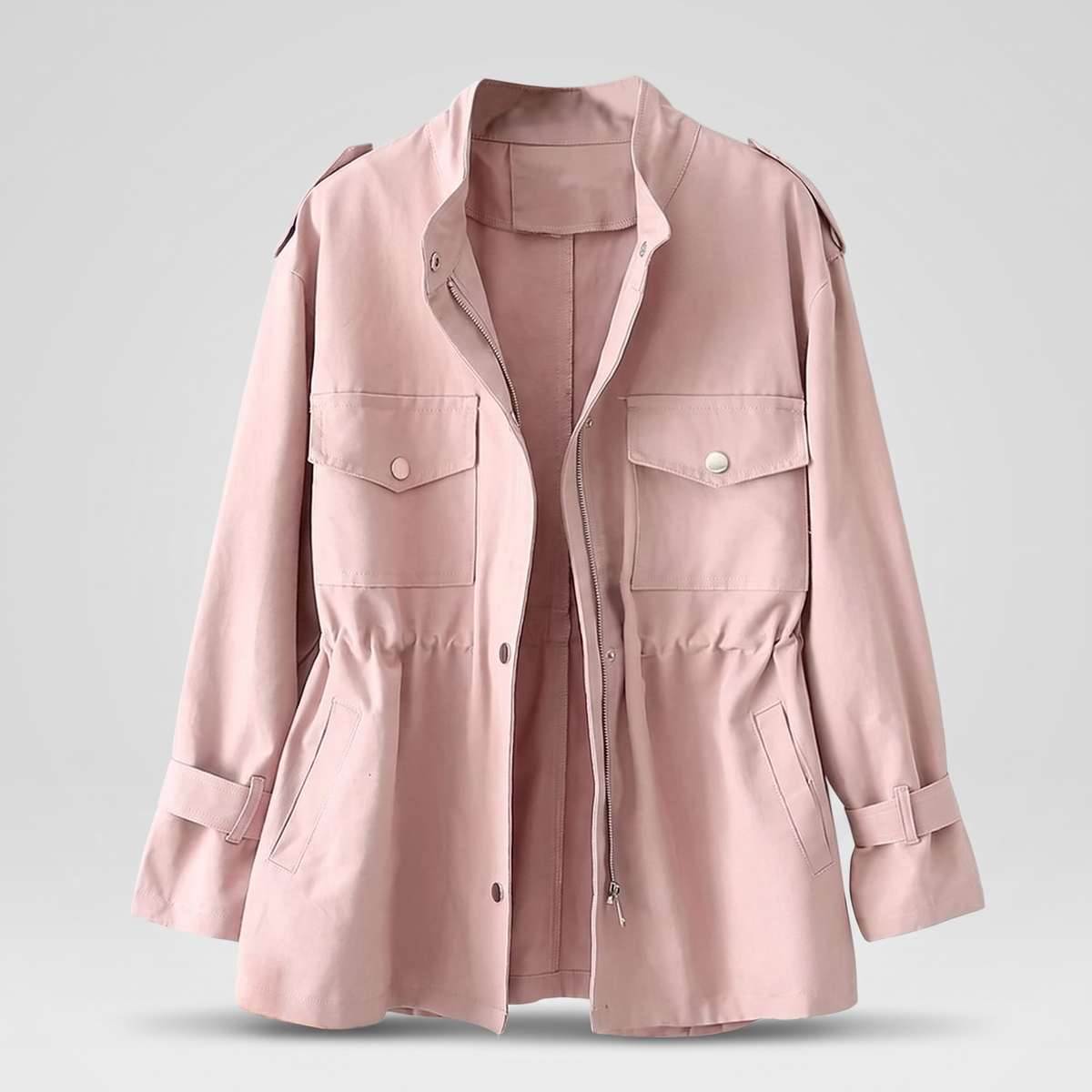 Women's utility field jacket with stand collar, cinched waist and flap pockets