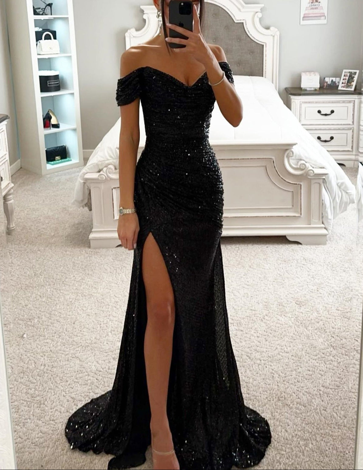 Women's off-shoulder sequin mermaid maxi dress with thigh slit and trailing hem