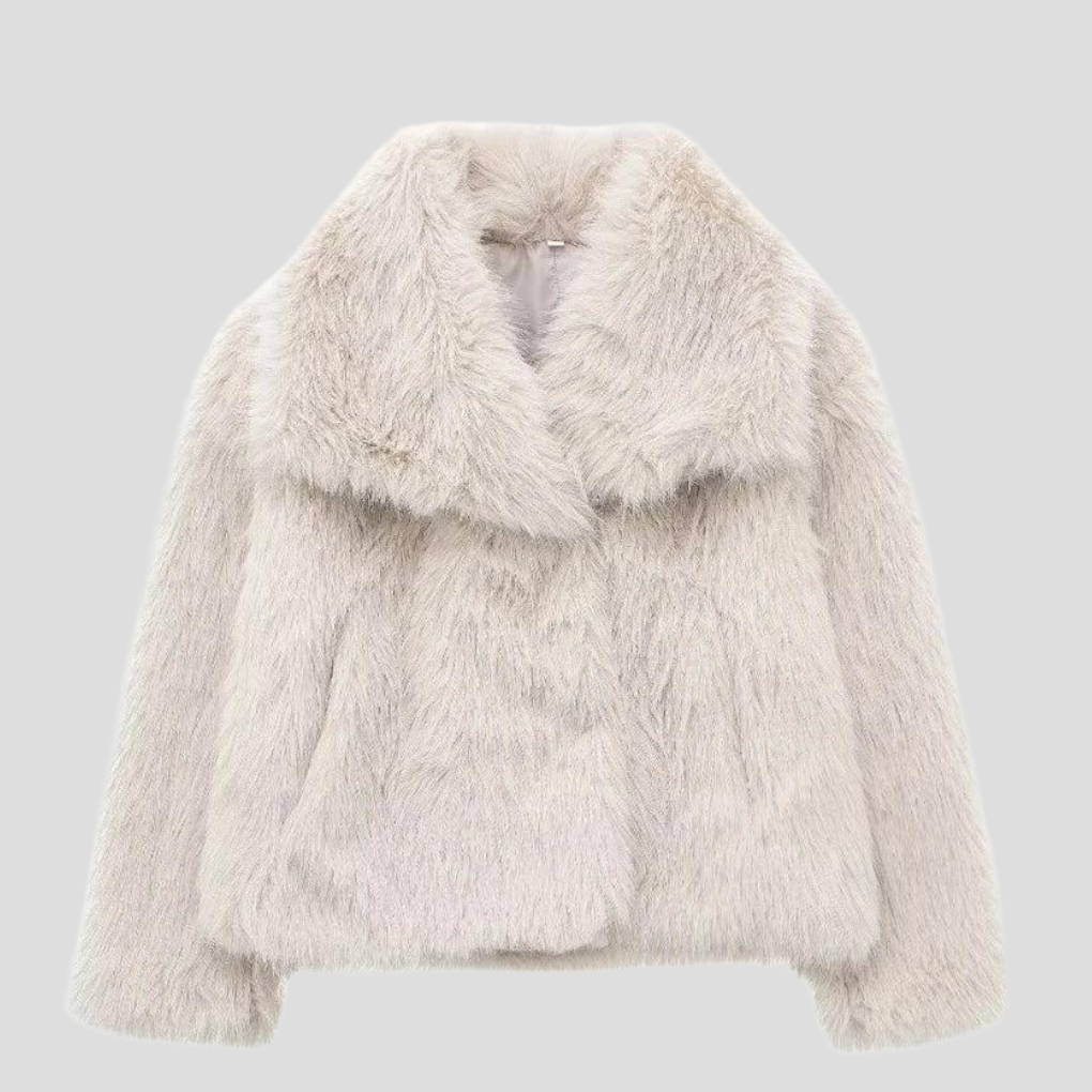 Women's fur-effect short jacket with oversized collar and long sleeves