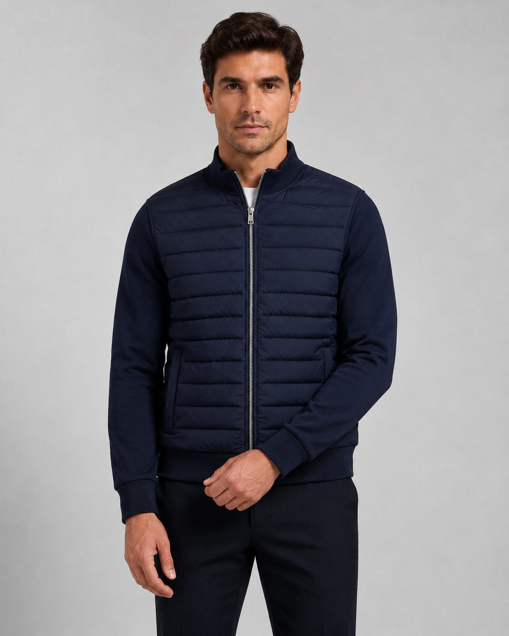Men's quilted hybrid jacket with stand collar and full front zipper