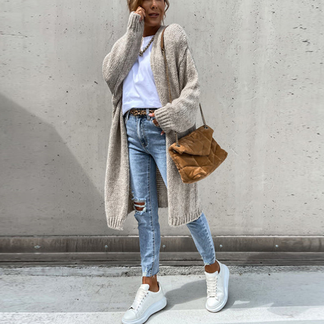 Women's chunky knit longline cardigan with open front and long sleeves