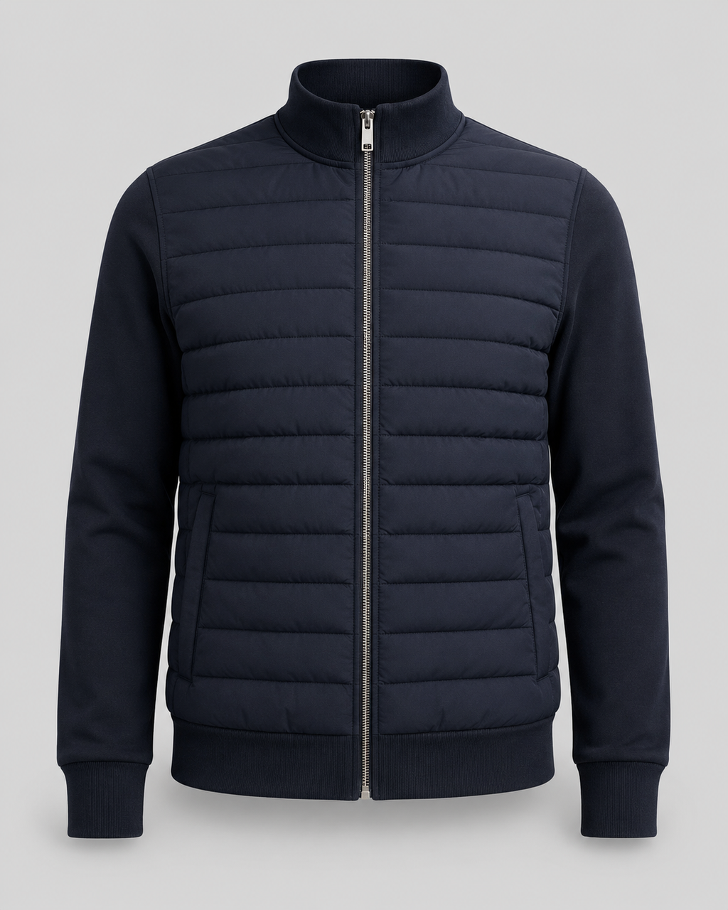 Men's quilted hybrid jacket with stand collar and full front zipper