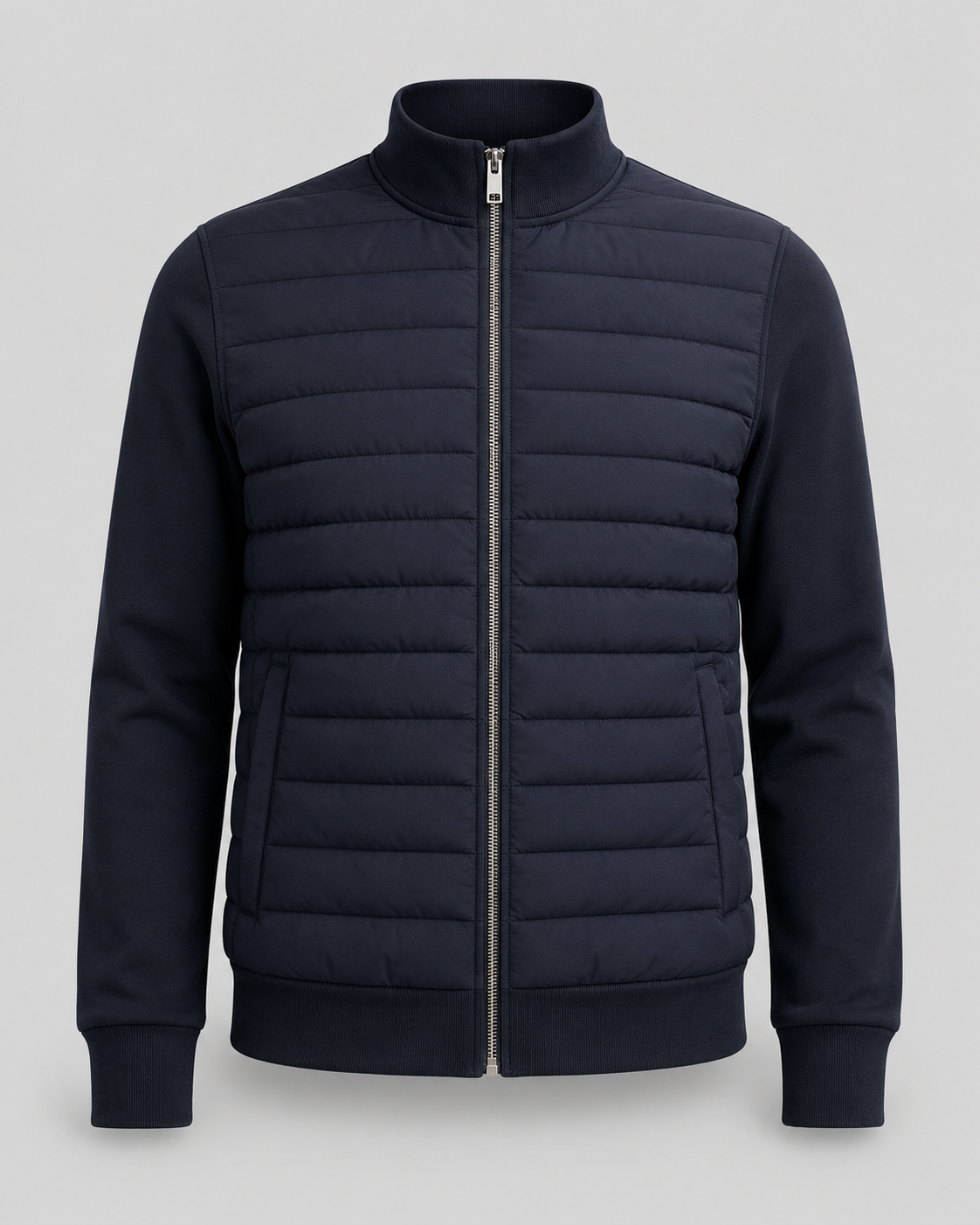 Men's quilted hybrid jacket with stand collar and full front zipper