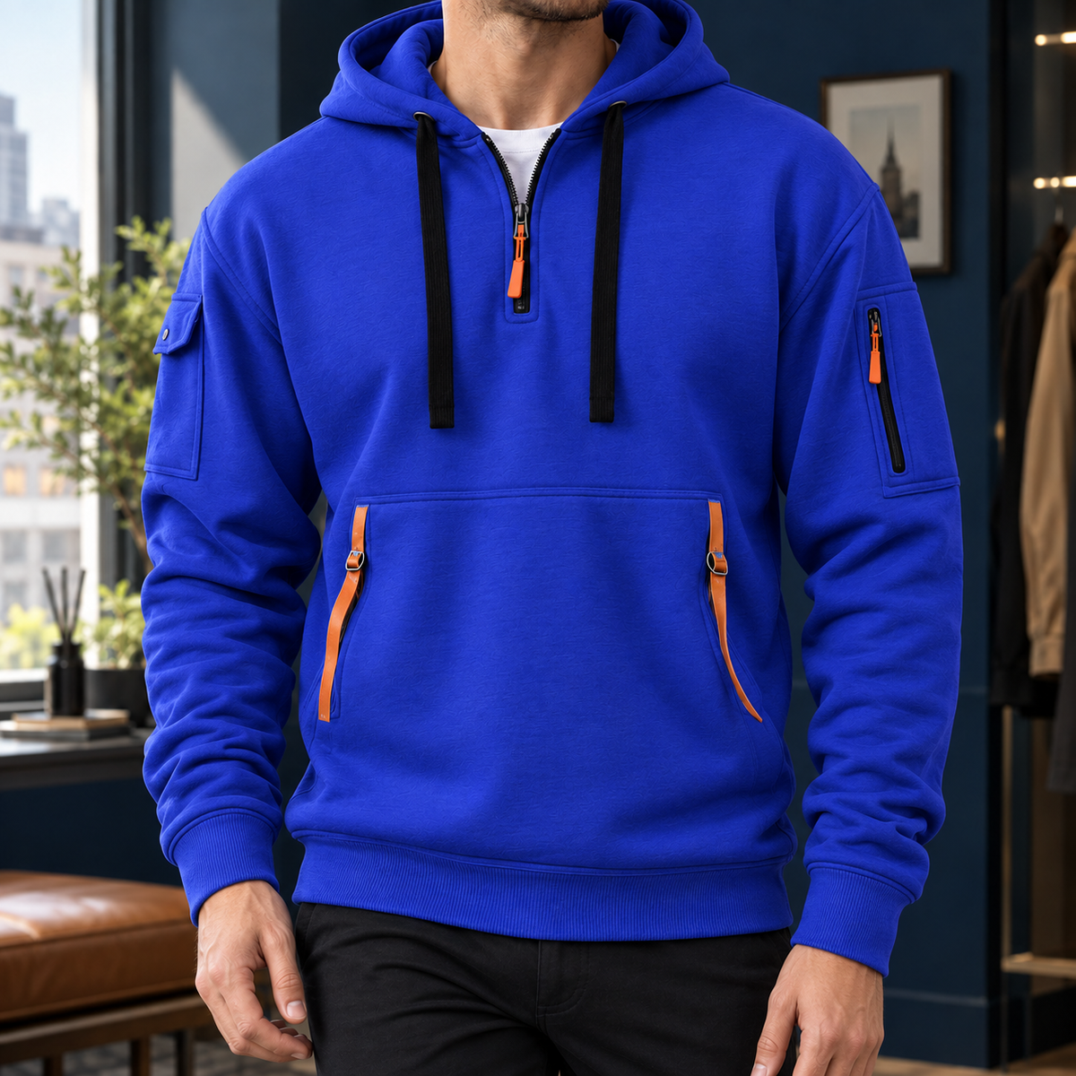 Men's Utility Half-Zip Hoodie with Pocket Detailing