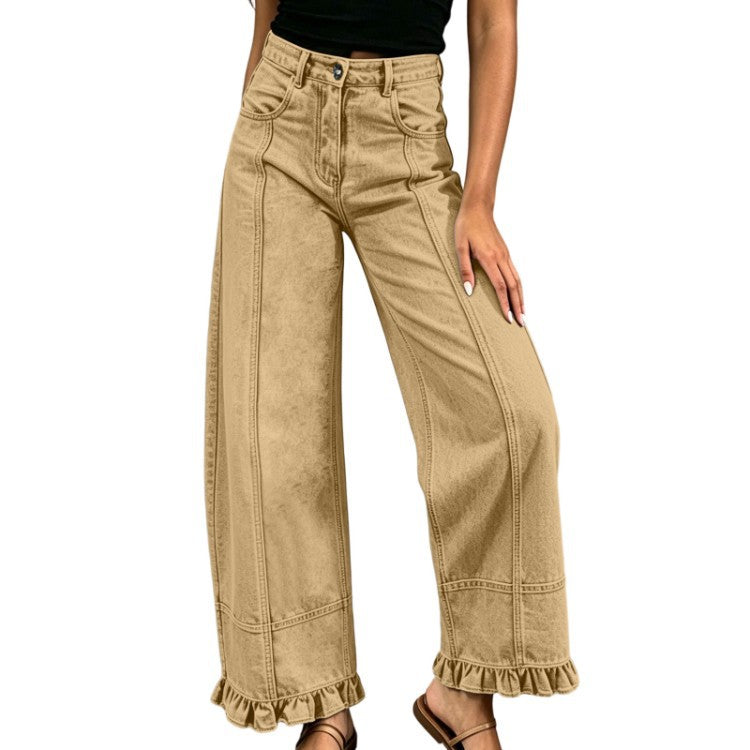 Women's Wide Leg Jeans with Ruffle Hem Detail