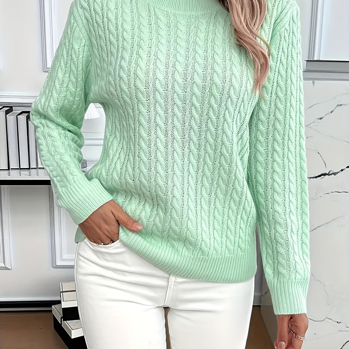 Women's Classic Cable Knit Mock Neck Jumper